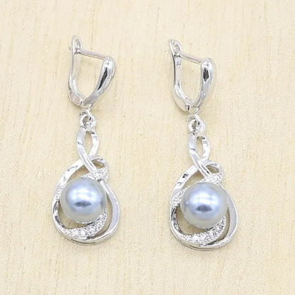 1/4pcs Women Wedding Jewelry Set Gray Pearl Silver Color Bracelet Earring Necklace Pendant Ring Birthday Gift
