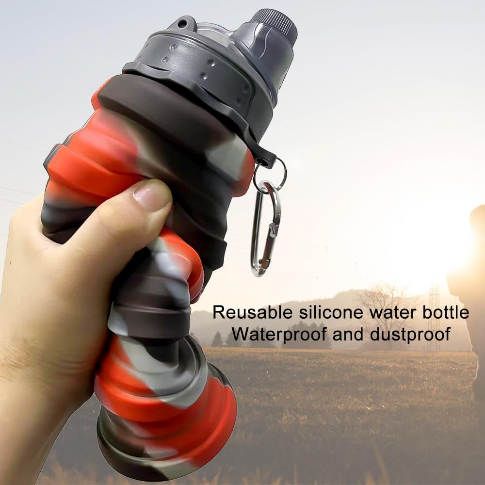 Silicone Collapsible Water Bottles, 16Oz 500Ml Portable Foldable Expandable Water Bottle Sports Cups, Leak Proof Reusable BPA Free, for Outdoor Activities Travel (A-Black Red)