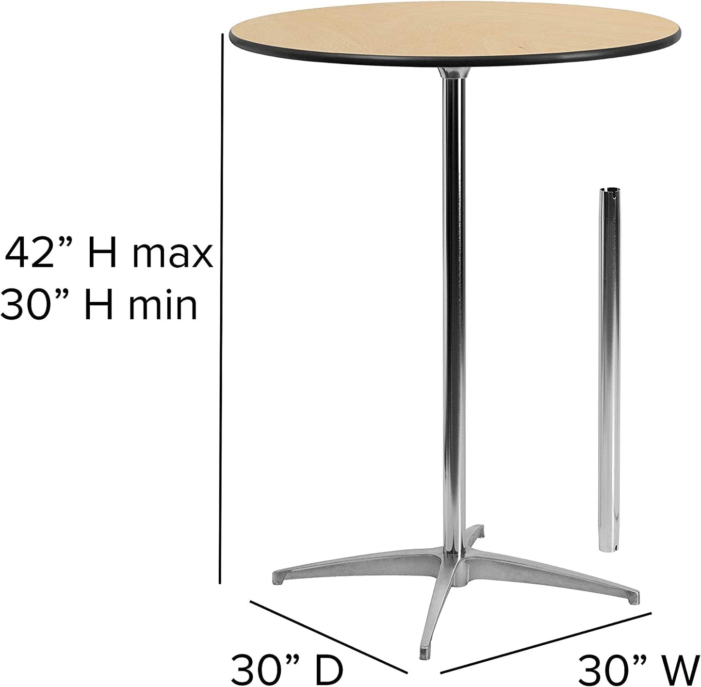 Lars 30'' round Wood Cocktail Table with 30'' and 42'' Columns, Adjustable Wood Bar Height Table for Events or Home Use, Natural
