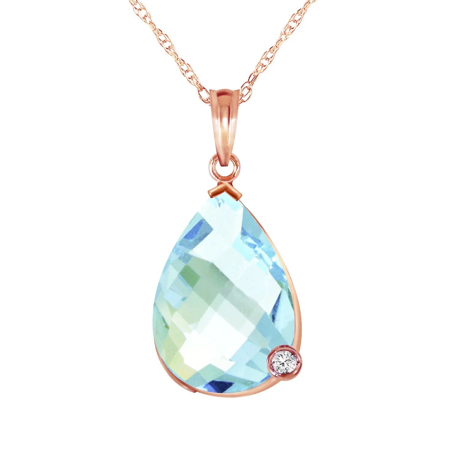 6.54 Carat 14K 24" Solid Rose Gold Necklace with Natural Briolette Checkerboard Cut Blue Topaz and Diamond Pendant - WORLD TIME VISITS