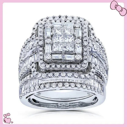 2Pcs Set Wedding Band Rings Set Princess Cut Square Zirconia Diamond Rings for Women Bridal Lover Gifts