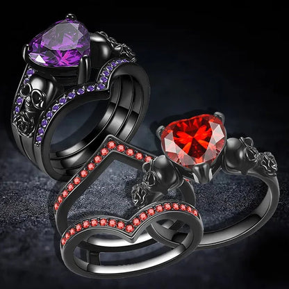 Gothic Black Rose Flower Skull Engagement Rings Set Red Purple Heart-Shaped Zircon Crystal Wedding Anniversary Holiday Gift Jewelry - WORLD TIME VISITS
