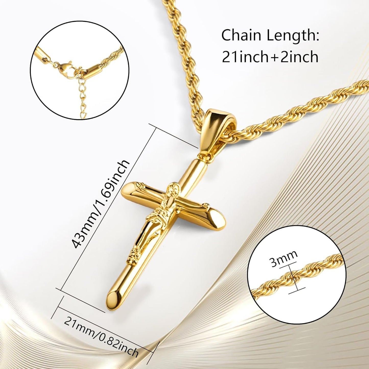 Sterling Silver Plated Cross Necklace for Men Gold Plated Cross Necklaces for Women Trendy Stainless Steel Crucifix Pendant with 3Mm 21Inch Rope Chain