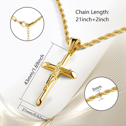 Sterling Silver Plated Cross Necklace for Men Gold Plated Cross Necklaces for Women Trendy Stainless Steel Crucifix Pendant with 3Mm 21Inch Rope Chain