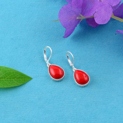 Handmade Coral & Turquoise Rectangle Leverback Earrings - 925 Sterling Silver Lapis Lazuli Dangle Earrings for Women, Blue Sapphire Teardrop Jewelry