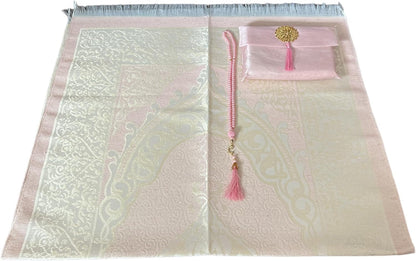 Muslim Prayer Rug and Beads with Elegant Slub Fabric Bag | Janamaz | Sajadah | Soft Islamic Prayer Rug | Islamic & Mawlid Gifts | Prayer Carpet Mat, Taffeta Fabric (Pink, 1 Sets)