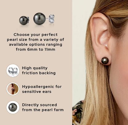 Tahitian Real Pearl Earrings for Women - Black 14K Gold Stud Earrings | Hypoallergenic Earrings with Genuine Cultured Pearls, 8.0Mm-12.0Mm