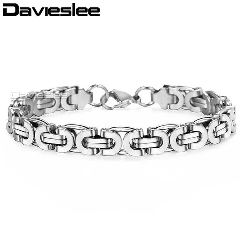 Davieslee Mens Fashion Flat Byzantine Link Silver Tone Stainless Steel Chain Bracelet - WORLD TIME VISITS