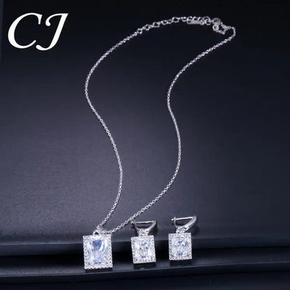 CANDICE Top Grade Bright Square Yellow Pave Sterling Silver Pendant Necklace Earrings and Ring with Tiny CZ Stone Jewelry 3 Pcs Sets for Women Dress Accessories
