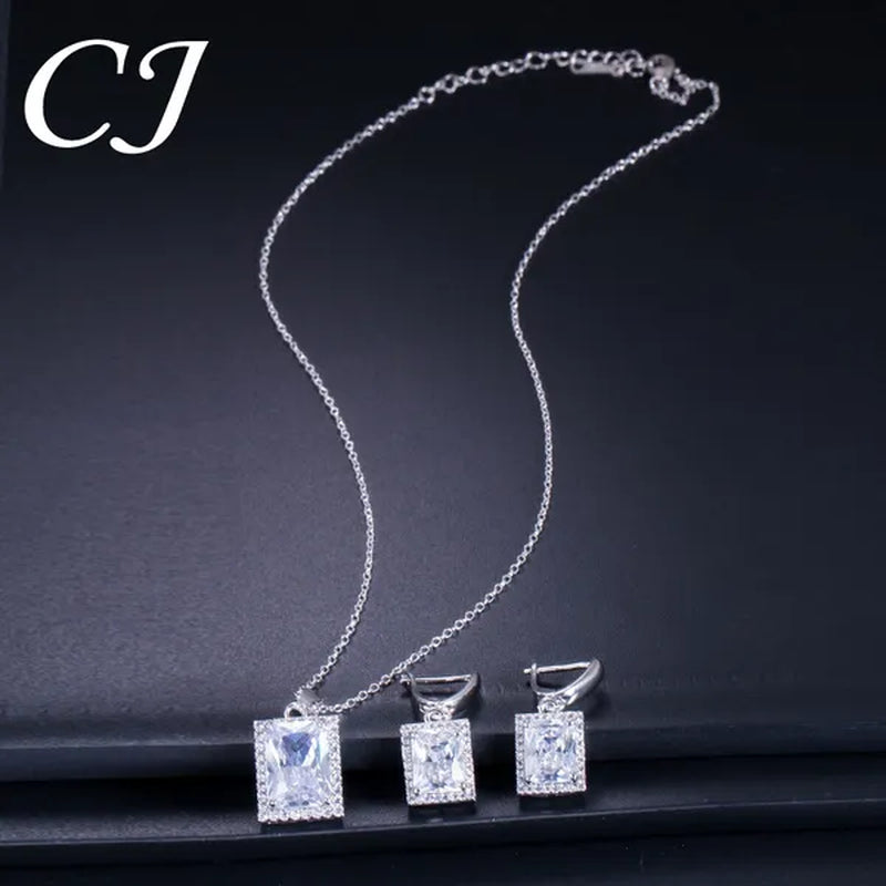 CANDICE Top Grade Bright Square Yellow Pave Sterling Silver Pendant Necklace Earrings and Ring with Tiny CZ Stone Jewelry 3 Pcs Sets for Women Dress Accessories