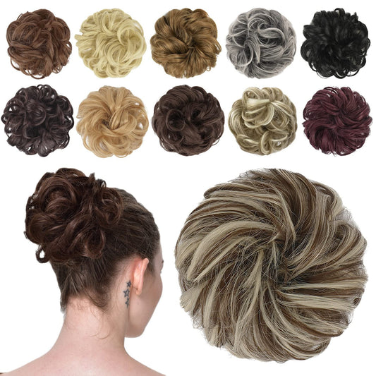 Messy Bun Hair Piece - Elastic Wavy Curly Hair Bun Scrunchies Extensions Synthetic Chignon Hairpieces for Women Girls, Golden Brown & Bleach Blonde 1 PCS
