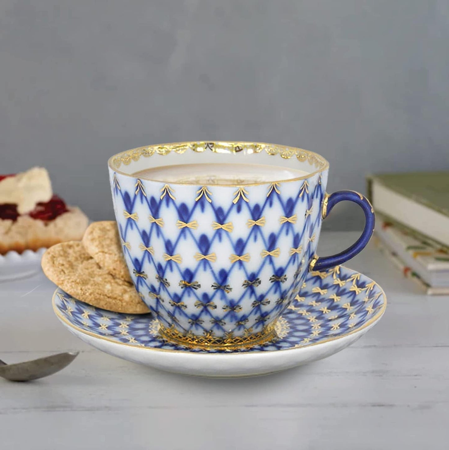 Lomonosov Porcelain Cobalt Net Coffee Cup and Saucer 3Pc.