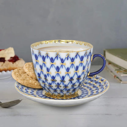 Lomonosov Porcelain Cobalt Net Coffee Cup and Saucer 3Pc.