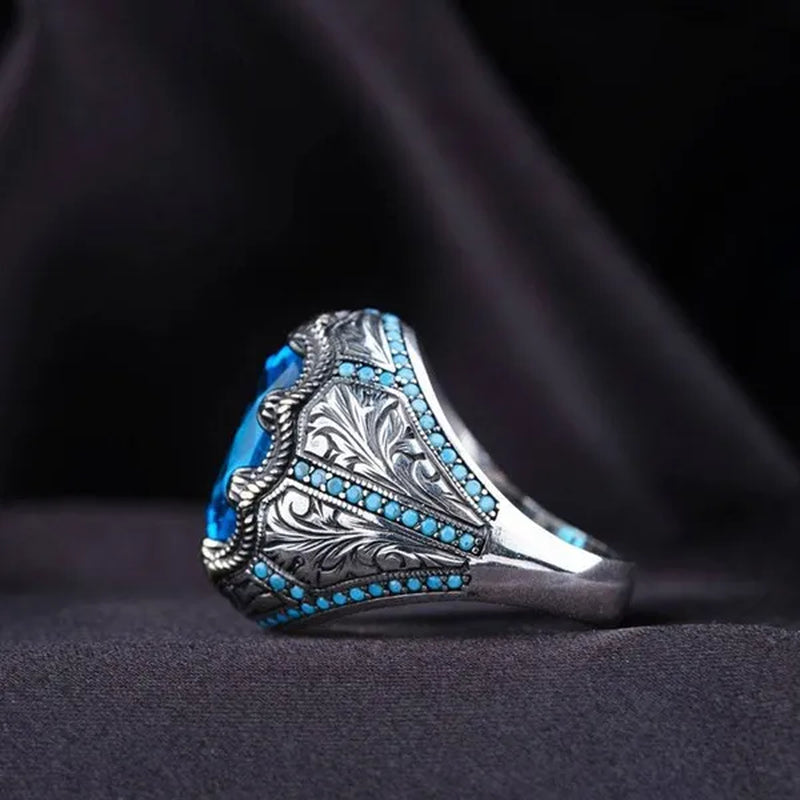 European and American Hot Selling Sapphire Retro Rings for Men, Antique Silver Inlaid Sapphires with Diamonds Luxury Fashion Men's Retro Rings, Classic Atmosphere, Party Business Casual Jewelry, Wedding Accessories, Anniversary Gifts