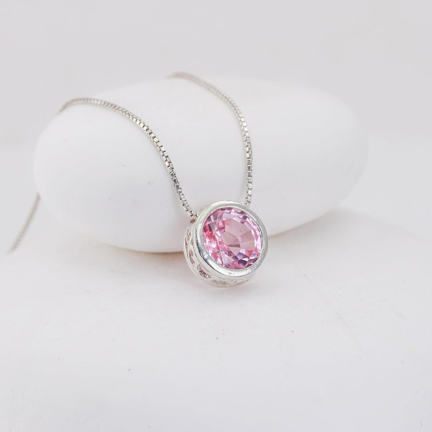 Silver Pink Sapphire Necklace, Slider Solitaire Gemstone Pendant with 16" Box Chain; Pink Sapphire Birthstone Pendant Gemstone for Women by Lotus Stone Design (16, Pink Sapphire)