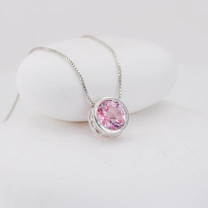 Silver Pink Sapphire Necklace, Slider Solitaire Gemstone Pendant with 16" Box Chain; Pink Sapphire Birthstone Pendant Gemstone for Women by Lotus Stone Design (16, Pink Sapphire)