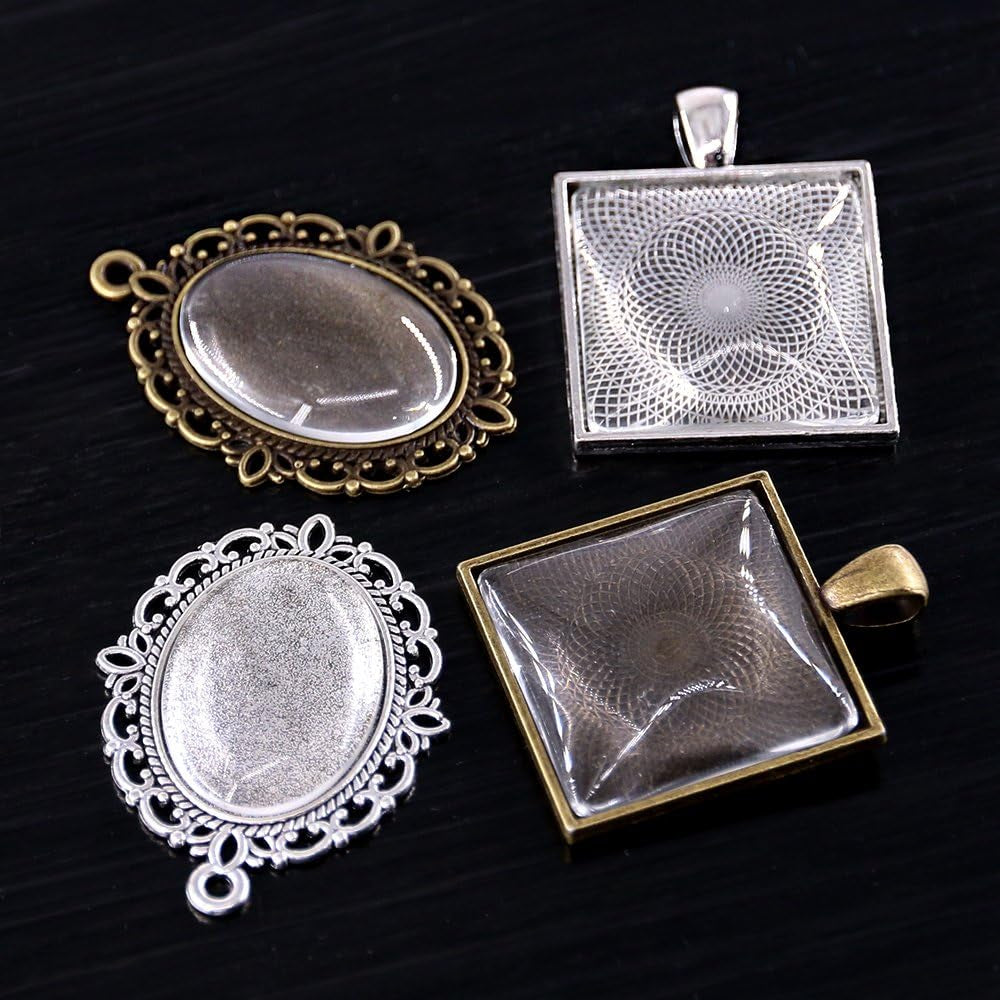 48-Pieces Oval and Square Pendant Trays with Glass Cabochon Dome Tiles Clear Cameo for Crafting DIY Jewelry Making, 24 Sets