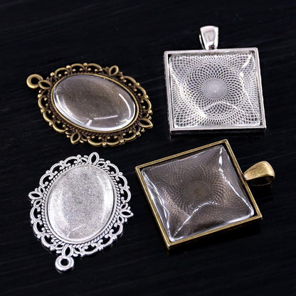 48-Pieces Oval and Square Pendant Trays with Glass Cabochon Dome Tiles Clear Cameo for Crafting DIY Jewelry Making, 24 Sets