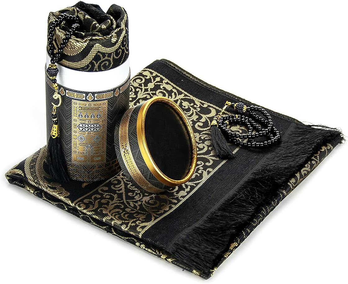 Muslim Prayer Rug and Prayer Beads with Elegant Design Cylinder Gift Box, Janamaz, Sajadah, Soft Islamic Gifts Set, Carpet Mat, Taffeta Fabric, Black