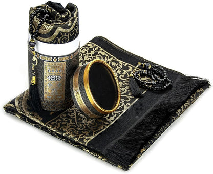 Muslim Prayer Rug and Prayer Beads with Elegant Design Cylinder Gift Box, Janamaz, Sajadah, Soft Islamic Gifts Set, Carpet Mat, Taffeta Fabric, Black