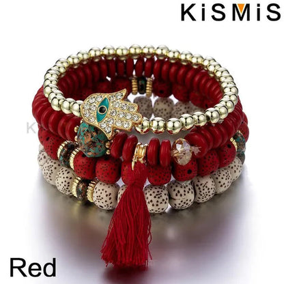 KISMIS 4Pcs/Set Bohemian Mix Bead Multi Layer Versatile Statement Bracelet Stackable Beaded Strand Stretch Bangles Sparkly Crystals Tassel Charms 1Set or 2Sets Optional