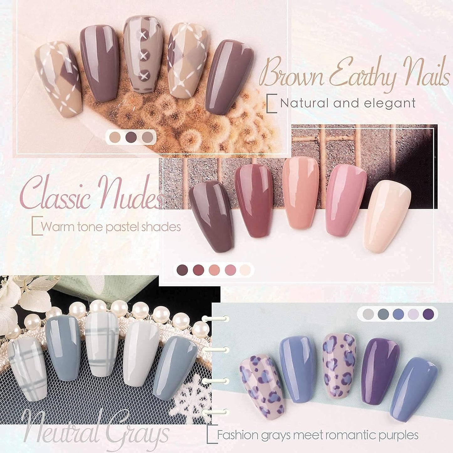Gel Nail Polish Kit- 16 Colors with Top&Base Coat, Nude Grays Series Pastels Tones Nail Polish Set, Nail Art Design Colors, Home Gel Manicure Kit, Soak off Gel Polish, Gift for Her