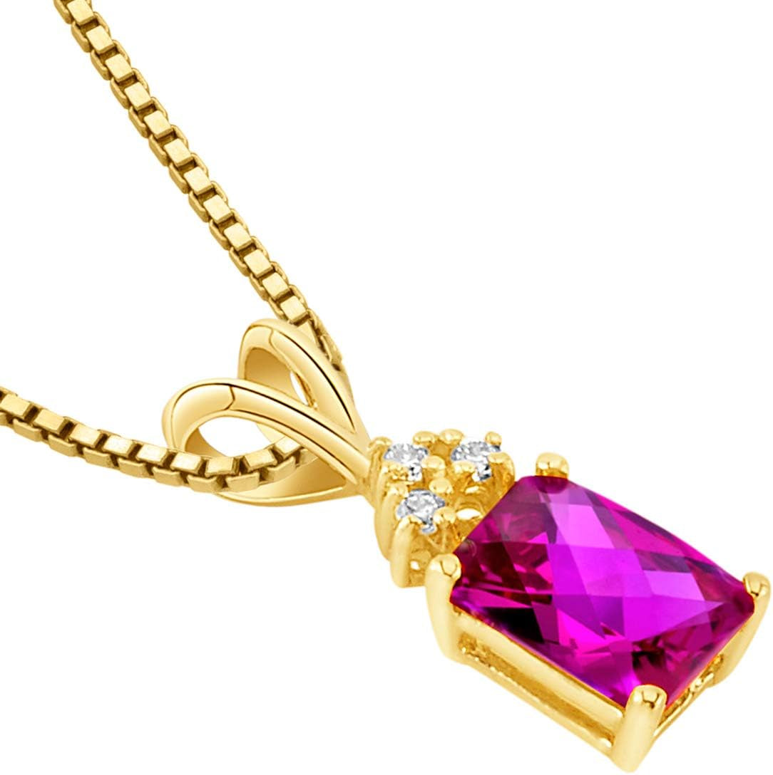 Created Ruby with Genuine Diamond Pendant in 14 Karat Yellow Gold, Elegant Solitaire, Radiant Cut, 7X5Mm, 1.30 Carats Total, Sparkling V-Day Gift Valentines Gift for Women
