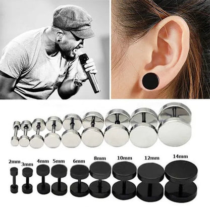 Punk Style Black Silver Stud Earrings Unisex Man Woman Earrings round Barbell Ear Stud Fashion Ear Piercing Jewelry Fake Plug 1 Pair