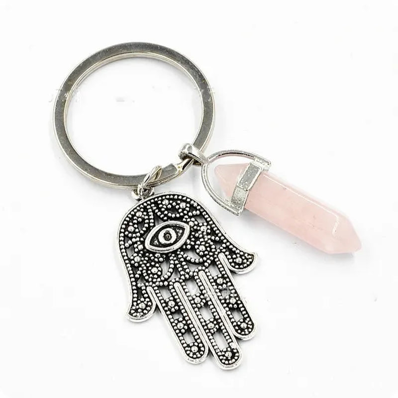 1Pcs Natural Quartz Crystal Point Chakra Healing Stone Gem Stone Pendant Keyring Key Chain Ring Family Gifts