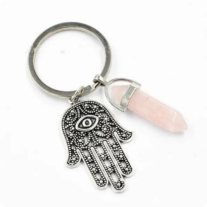 1Pcs Natural Quartz Crystal Point Chakra Healing Stone Gem Stone Pendant Keyring Key Chain Ring Family Gifts