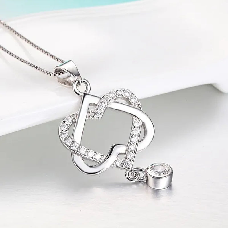 New Fashion 925 Silver  Women Double Heart Diamond Pendant Chain Necklace Jewelry Gifts for Love(Pendant and Chain)