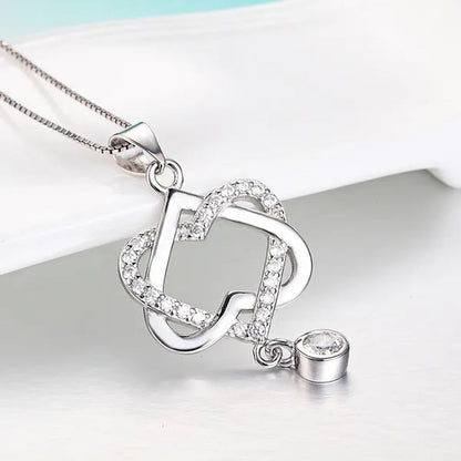 New Fashion 925 Silver  Women Double Heart Diamond Pendant Chain Necklace Jewelry Gifts for Love(Pendant and Chain)