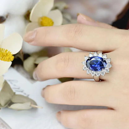 Newshe 6 Carats Oval Created Blue Tanzanite Gemstone Statement Ring for Women AAA CZ Cocktail Party Ring 925 Sterling Silver Sz 5-12