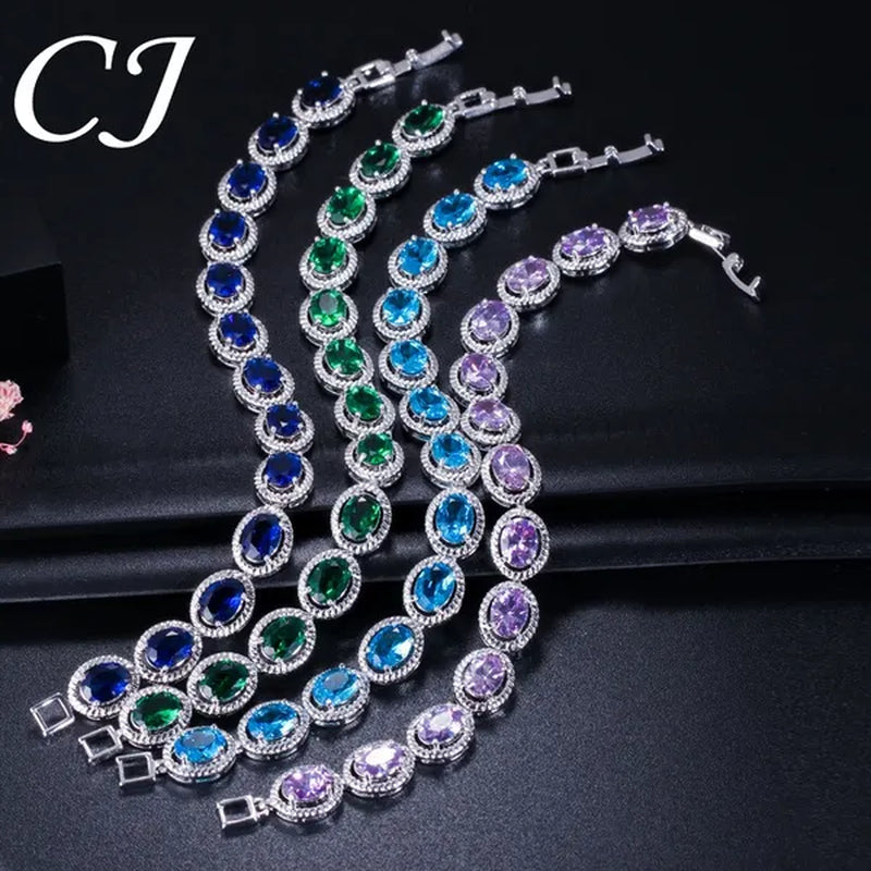 CANDICE Luxury Quality Oval Blue Crystal Women Strand Bracelet Bangles Setting Stylish Silver Plating CZ Hand Jewelry for Lady Anniversary Birthday Gifts