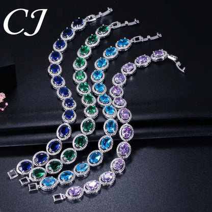 CANDICE Luxury Quality Oval Blue Crystal Women Strand Bracelet Bangles Setting Stylish Silver Plating CZ Hand Jewelry for Lady Anniversary Birthday Gifts