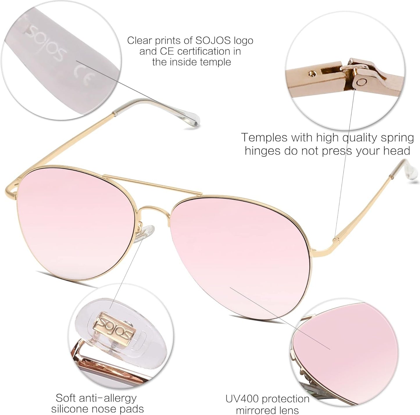 Classic Aviator Sunglasses for Women Men Metal Spring Hinges SJ1030