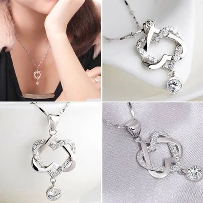 New Fashion 925 Silver  Women Double Heart Diamond Pendant Chain Necklace Jewelry Gifts for Love(Pendant and Chain)
