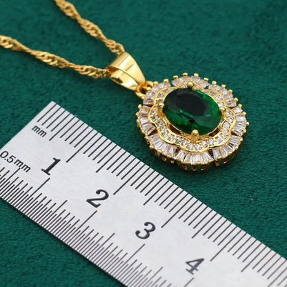 New Arrivals Gold Color Jewelry Sets For Women Wedding Green Zircon Bracelet Earrings Necklace Pendant Open Ring 4PCS