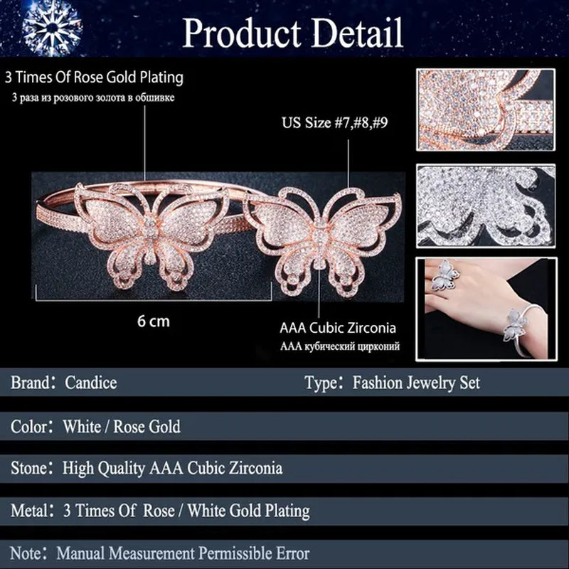 CANDICE High Quality Rose White Gold Plated Full Pave Tiny Crystal Stone Big Butterfly Shape Ring and Bangle Bracelet Party Jewelry Set for Women Christmas Gift - WORLD TIME VISITS