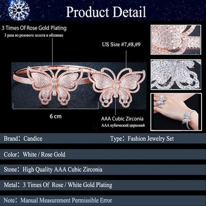 CANDICE High Quality Rose White Gold Plated Full Pave Tiny Crystal Stone Big Butterfly Shape Ring and Bangle Bracelet Party Jewelry Set for Women Christmas Gift - WORLD TIME VISITS