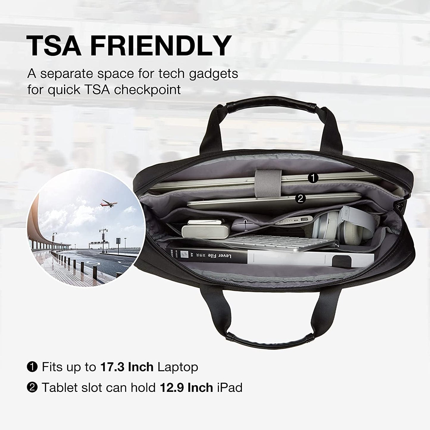 17.3 Inch Expandable Slim Laptop Briefcase for Business Travel, Water-Resistant Work Bag with Organizer Compartment, Black
