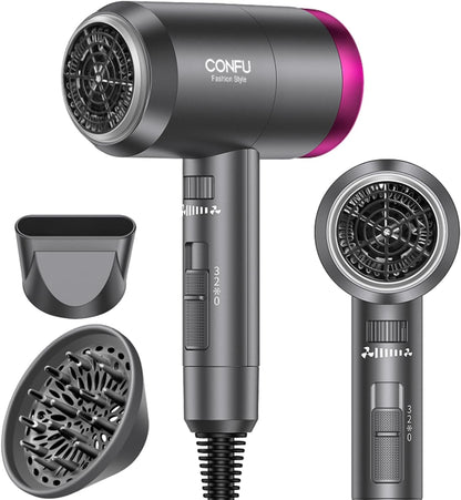 Ionic Blow Dryer 1600W, Portable Lightweight Fast Drying Negative Ion Hairdryer Blowdryer, 3 Heat Settings & Infinity Speed, with Diffuser and Concentrator Nozzle for Home & Travel