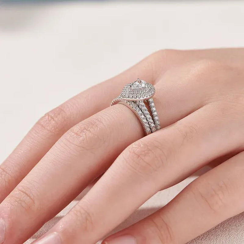 Newshe 2Pcs Wedding Ring Set Classic Jewelry Pear Shape 1.2 Carats AAAAA CZ 925 Sterling Silver Teardrop Engagement Rings for Women Size 5-12