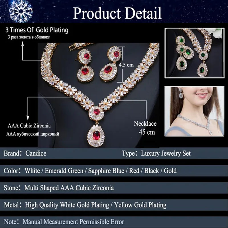 CANDICE African Gold Plating Hand-Inlay CZ Pendant Necklace and Earrings Gorgeous Dubai Women Wedding Party Tear Drop Jewelry Set with Red Crystal - WORLD TIME VISITS