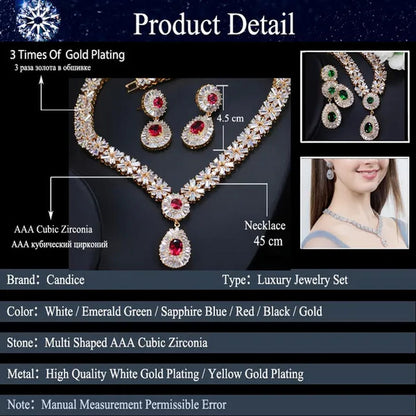 CANDICE African Gold Plating Hand-Inlay CZ Pendant Necklace and Earrings Gorgeous Dubai Women Wedding Party Tear Drop Jewelry Set with Red Crystal - WORLD TIME VISITS