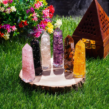 Healing Crystal Wand Set of 6 Orgonite – Includes 3” Amethyst Crystal, Tigers Eye, Rose Quartz, Black Tourmaline Stone, Citrine and Clear Quartz Orgone Crystal plus Black Tourmaline Necklace
