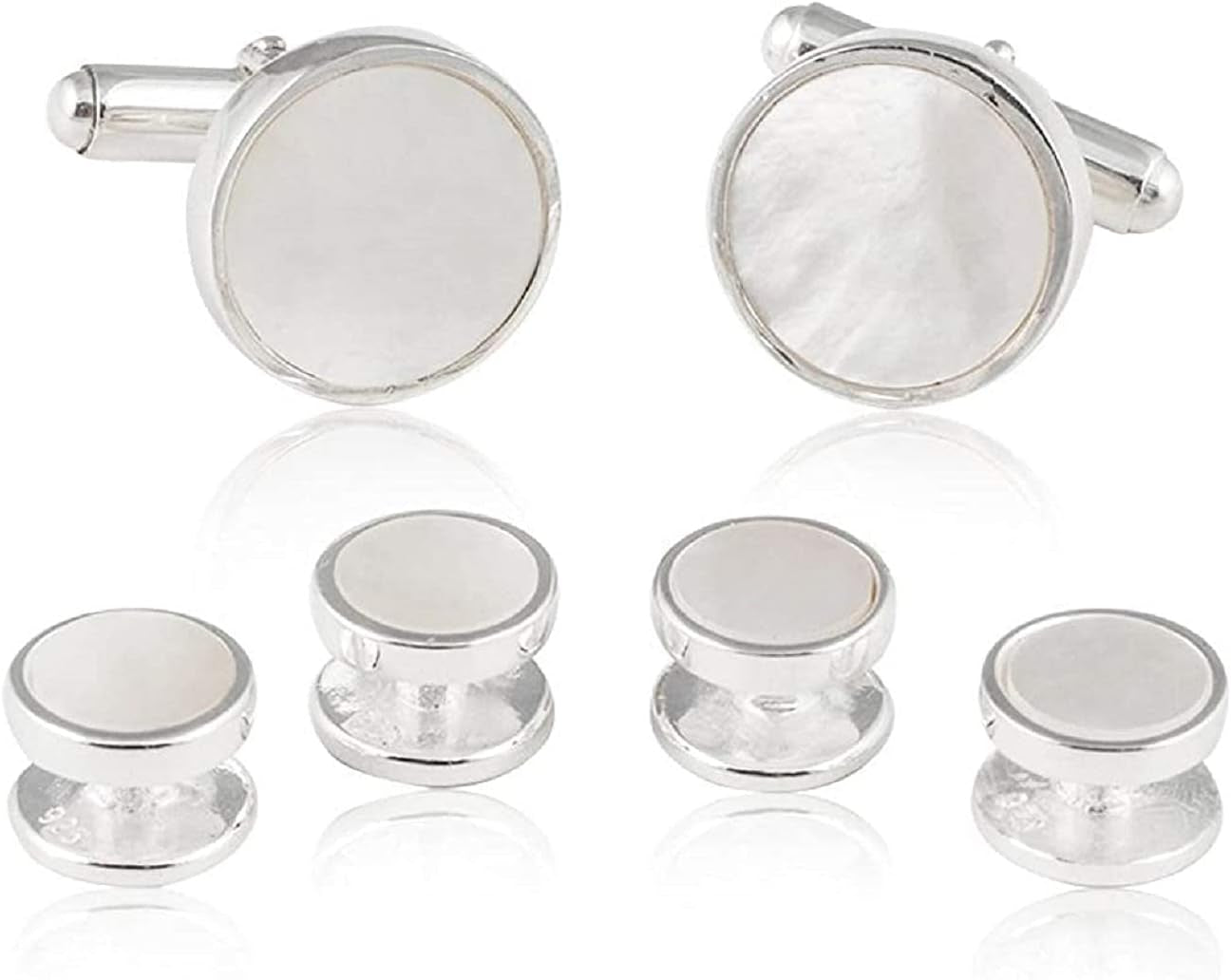 Solid Sterling Silver Mother of Pearl Tuxedo Cufflinks and Studs Formal Set by
