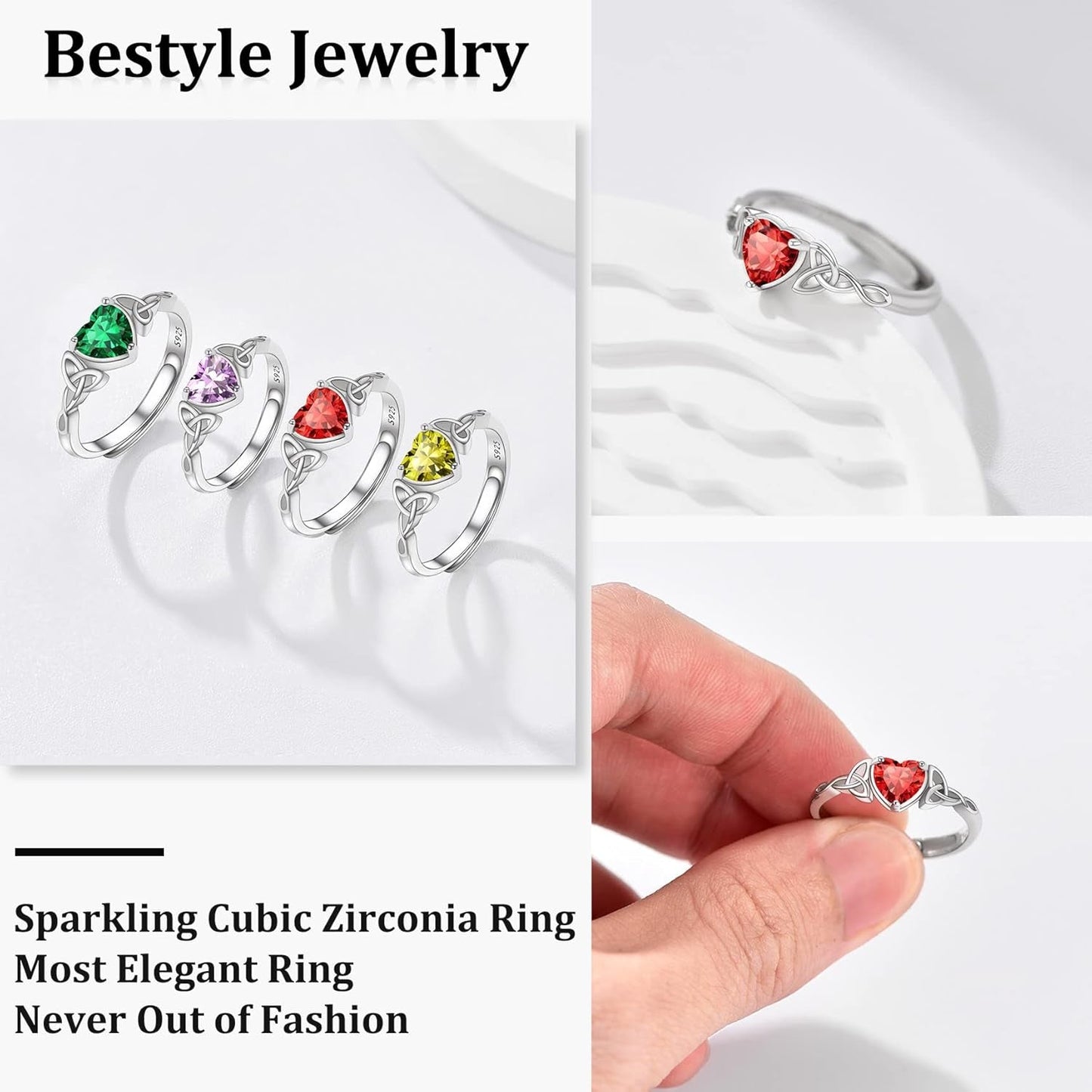 Sterling Silver Celtic/Claddagh Birthstone Ring for Women, Hypoallergenic Celtic Silver Ring for Women, Adjustable Open Silver Thumb Ring, Love Promise Ring for Her, Great Birthday Gift