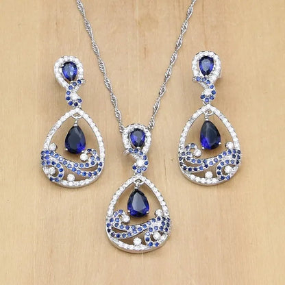 925 Silver Jewelry Sets Black Sapphire White Topaz Decoration for Women Party Earrings/Pendant Necklace Set