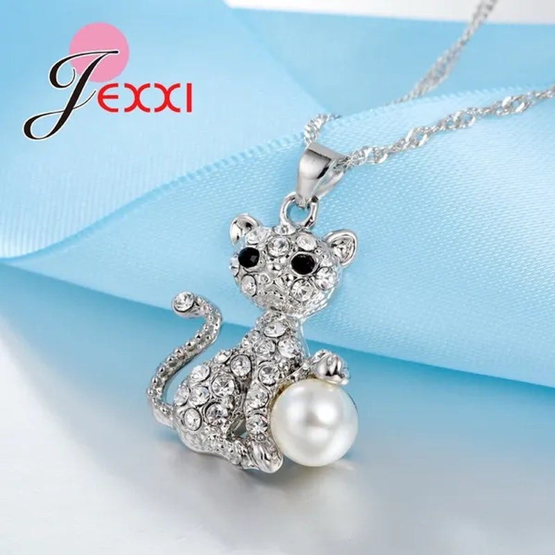 Cute Cat With Fine CZ Diamond And Pearl Ball 925 Sterling Silver Fashion Jewelry Set With Necklace/Earings Wholesale